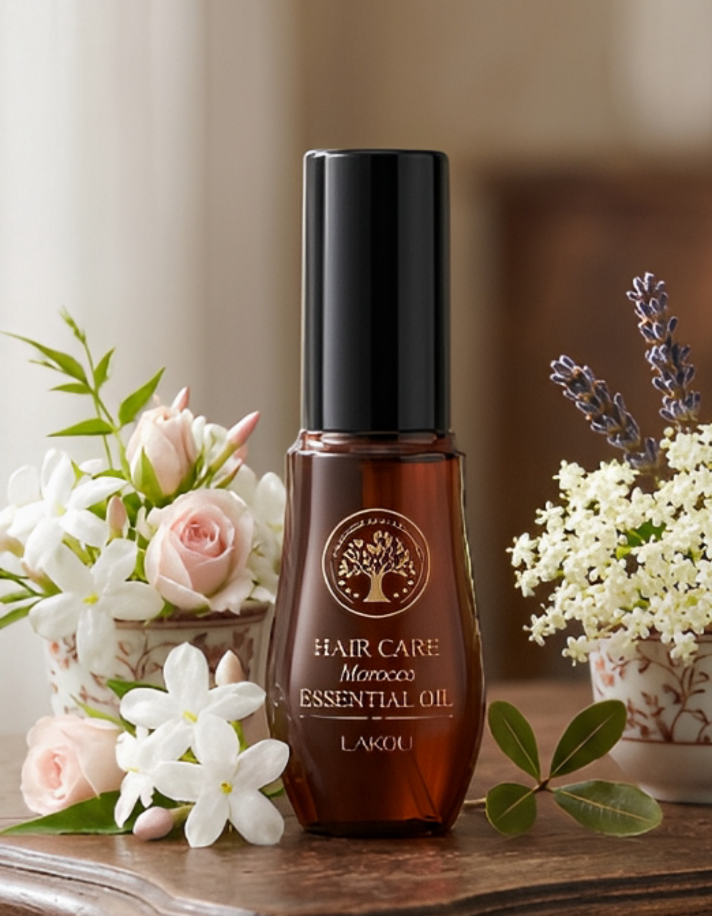 Hair care essential oil bottle with flowers on a wooden surface