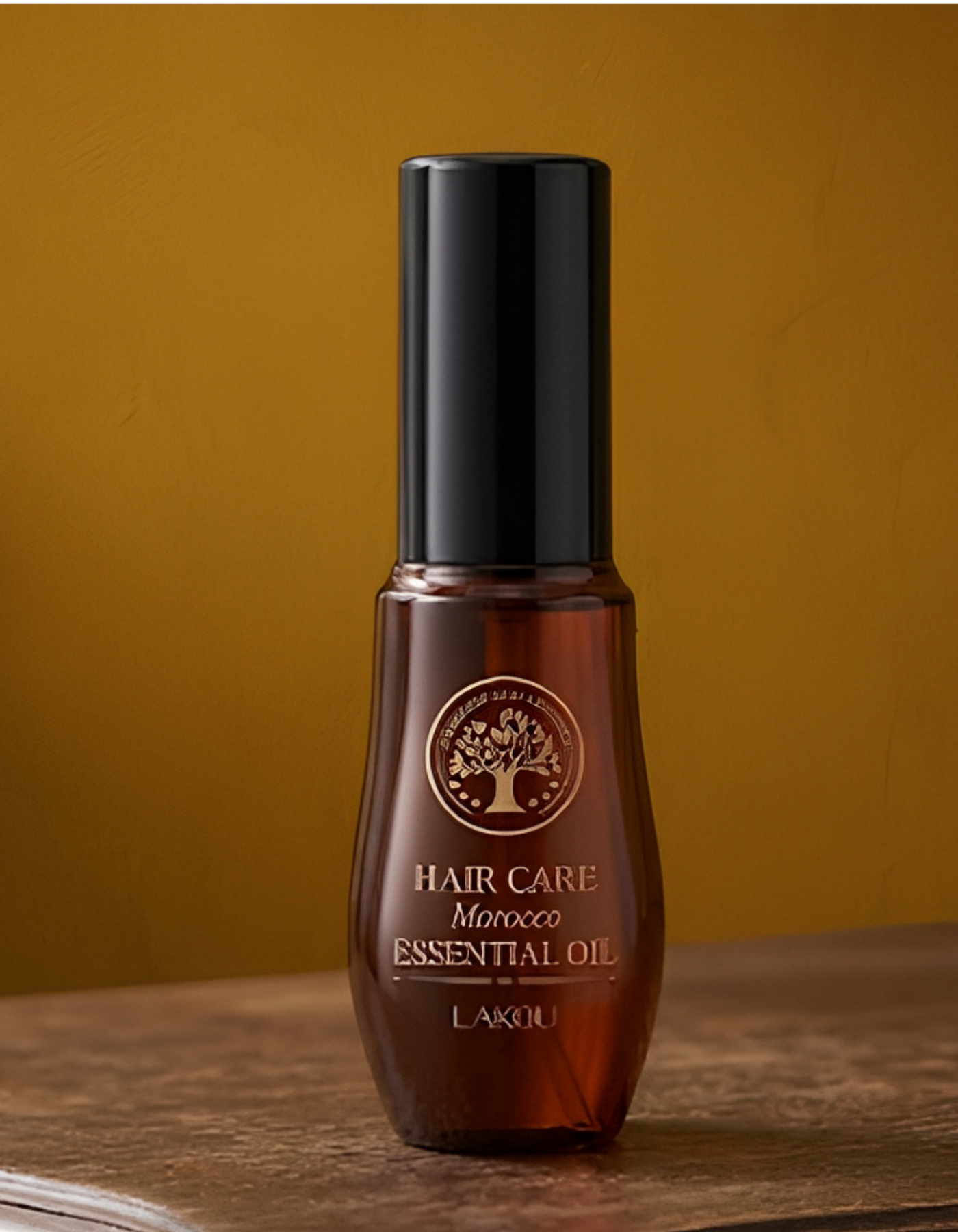 Hair care essential oil bottle with black cap on a wooden surface against a yellowish-brown background
